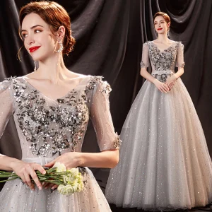 Scintillantes Gris Perlage Paillettes Robe De Bal 2021 Princesse V Cou Ceinture Noeud En Dentelle Fleur Manches Courtes Dos Nu Longue Robe De Ceremonie