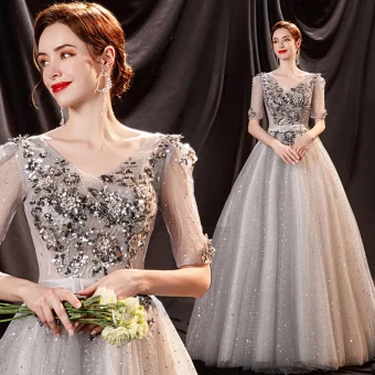 Scintillantes Gris Perlage Paillettes Robe De Bal 2021 Princesse V Cou Ceinture Noeud En Dentelle Fleur Manches Courtes Dos Nu Longue Robe De Ceremonie