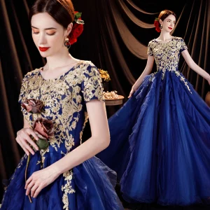 Élégant Bleu Roi Robe De Bal 2021 Princesse Encolure Dégagée Perlage En Dentelle Fleur Manches Courtes Dos Nu Longue Robe De Ceremonie
