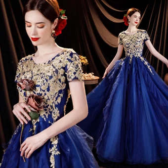 Élégant Bleu Roi Robe De Bal 2021 Princesse Encolure Dégagée Perlage En Dentelle Fleur Manches Courtes Dos Nu Longue Robe De Ceremonie