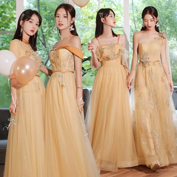 Chic / Beautiful Yellow Lace Flower Bridesmaid Dresses 2021 A-Line / Princess Short Sleeve Sash Backless Floor-Length / Long Wedding Party Dresses