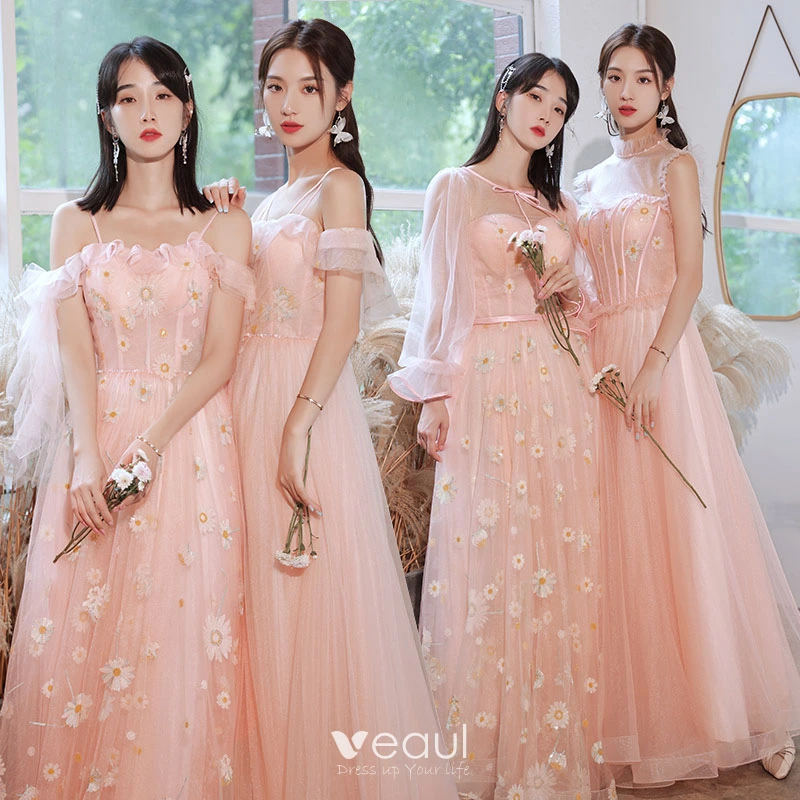 Flower Fairy Blushing Pink Sequins Bridesmaid Dresses 2021 A Line Princess Short Sleeve Backless Floor Length Long Wedding Party Dresses