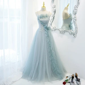 Élégant Bleu Ciel Volants Robe De Bal 2021 Princesse Bretelles Spaghetti Perlage Perle Paillettes Sans Manches Dos Nu Longue Robe De Ceremonie