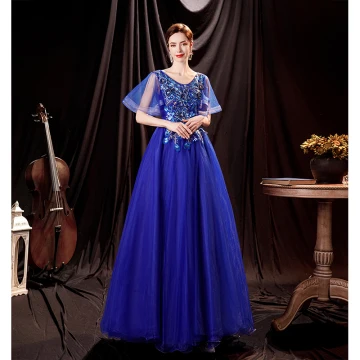 Élégant Bleu Roi Robe De Bal 2021 Princesse V Cou Manches Courtes Dos Nu Perlage Paillettes En Dentelle Fleur Longue Robe De Ceremonie