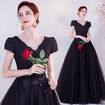 Elegante Zwarte Galajurken 2021 A Lijn V Hals Kralen Rhinestone Kant Bloem Korte Mouwen Ruglooze Lange Gelegenheid Jurken