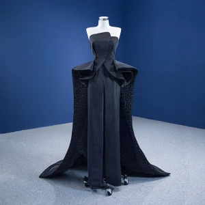 Unusual Black Evening Party Jumpsuit 2021 Strapless Sleeveless Backless Cascading Ruffles Sweep Train Evening Dresses