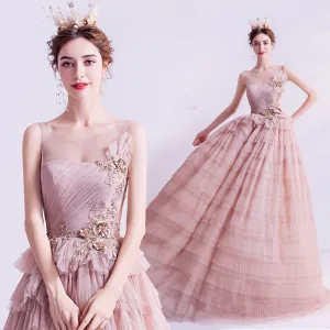 Chic Beautiful Blushing Pink Cascading Ruffles Prom Dresses 2021 A Line Princess Scoop Neck Beading Pearl Sequins Lace Flower Sleeveless Backless Floor Length Long Formal Dresses