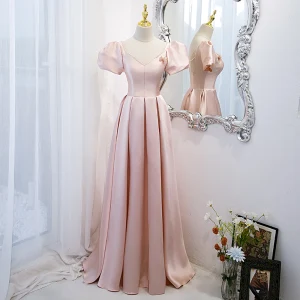 Élégant Rose Bonbon Satin Robe De Bal 2021 Princesse Perle V Cou Gonflée Manches Courtes Dos Nu Longue Robe De Ceremonie