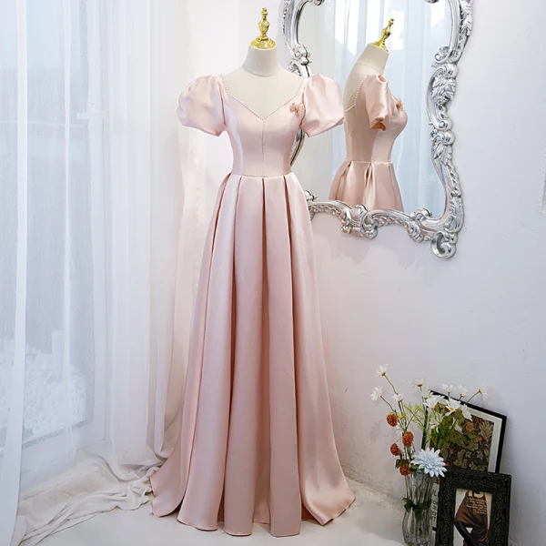 Elegante Pink Satin Ballkleider 2021 A Linie Perle V-Ausschnitt Geschwollenes Kurze Ärmel Rückenfreies Lange Festliche Kleider