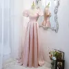 Elegant Candy Pink Satin Prom Dresses 2021 A-Line / Princess Pearl V-Neck Puffy Short Sleeve Backless Floor-Length / Long Formal Dresses
