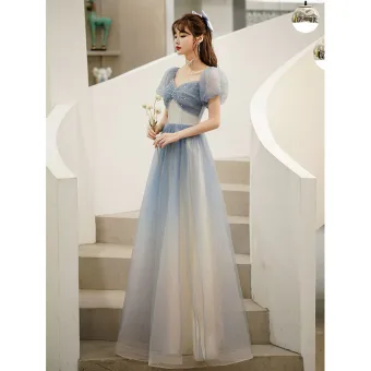 Abordable Bleu Ciel Dégradé De Couleur Glitter Robe De Bal 2021 Princesse Encolure Carrée Perle Gonflée Manches Courtes Dos Nu Longue Robe De Ceremonie