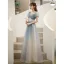 Affordable Sky Blue Gradient-Color Glitter Prom Dresses 2021 A-Line / Princess Square Neckline Pearl Puffy Short Sleeve Backless Floor-Length / Long Formal Dresses