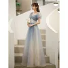 Affordable Sky Blue Gradient-Color Glitter Prom Dresses 2021 A-Line / Princess Square Neckline Pearl Puffy Short Sleeve Backless Floor-Length / Long Formal Dresses