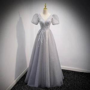 Charming Grey Prom Dresses 2021 A Line Princess V Neck Beading Sequins Puffy Short Sleeve Backless Floor Length Long Formal Dresses