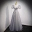 Charming Grey Prom Dresses 2021 A-Line / Princess V-Neck Beading Sequins Puffy Short Sleeve Backless Floor-Length / Long Formal Dresses