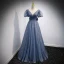 Charming Ocean Blue Spotted Prom Dresses 2021 A-Line / Princess V-Neck Puffy Short Sleeve Backless Bow Floor-Length / Long Prom Formal Dresses