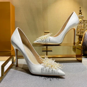 Chic Belle Blanche Perle Promo Escarpins 2021 Cuir 10 Cm Talons Aiguilles À Bout Pointu Talons Hauts Escarpins