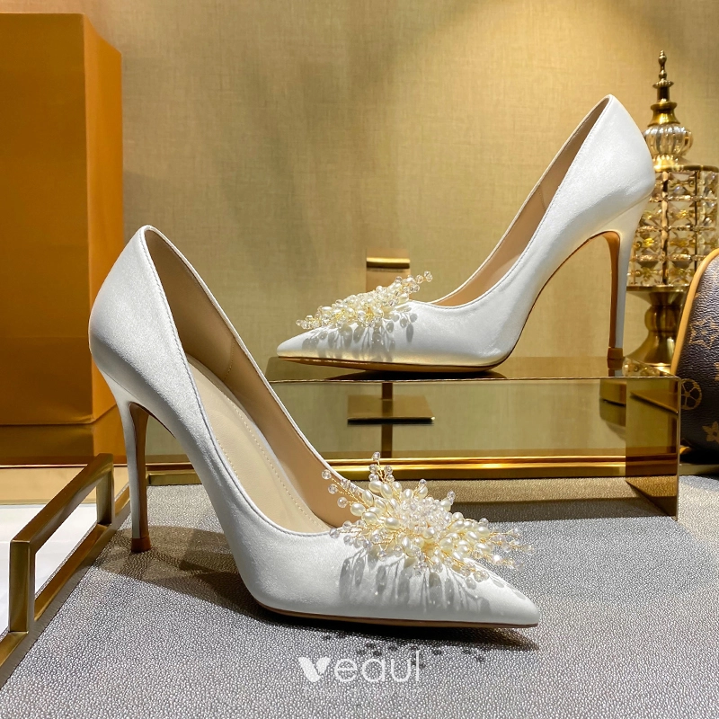 Mooie Prachtige Witte Parel Gala Pumps 2021 Leer 10 cm Naaldhakken Stiletto Spitse Neus Hoge Hakken Pumps