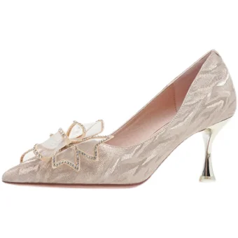Charmant Doré Faux Diamant Noeud Escarpins 2021 9 Cm Talons Épais À Bout Pointu Soirée Escarpins Talons Hauts