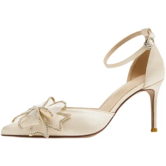 Charming Champagne Satin Rhinestone Bow Pumps 2021 Ankle Strap 8 Cm Stiletto Heels Pointed Toe Prom Womens Shoes High Heels