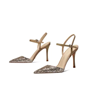 Sexy Nude Evening Party Sequins Womens Sandals 2021 Ankle Strap 8 Cm Stiletto Heels Pointed Toe Womens Sandals High Heels