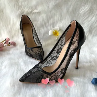 Sexy Noire Cocktail Soirée En Dentelle Escarpins 2021 Cuir 12 Cm Talons Aiguilles À Bout Pointu Escarpins Talons Hauts