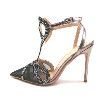 Sexy Noire Soirée Faux Diamant Sandales Femme 2021 Cuir T Strap 10 Cm Talons Aiguilles À Bout Pointu Sandales Talons Hauts