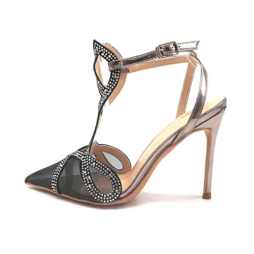 Sexy Noire Soirée Faux Diamant Sandales Femme 2021 Cuir T Strap 10 Cm Talons Aiguilles À Bout Pointu Sandales Talons Hauts