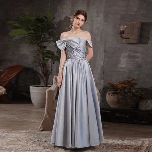 Élégant Bleu Ciel Satin Robe De Bal 2021 Princesse De L Épaule Perle Noeud Sans Manches Dos Nu Longue Robe De Ceremonie