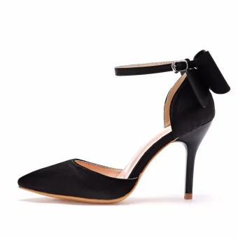 Élégant Noire Satin Promo Sandales Femme 2021 Noeud Bride Cheville 9 Cm Talons Aiguilles À Bout Pointu Talons Hauts