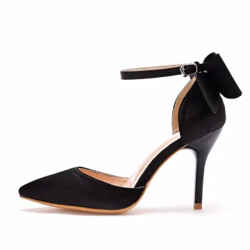 Elegante Zwarte Satijn Gala Sandalen Dames 2021 Strik Enkelband 9 Cm Naaldhakken Stiletto Spitse Neus Hoge Hakken