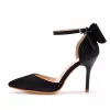 Elegant Black Satin Prom Womens Sandals 2021 Bow Ankle Strap 9 cm Stiletto Heels Pointed Toe High Heels
