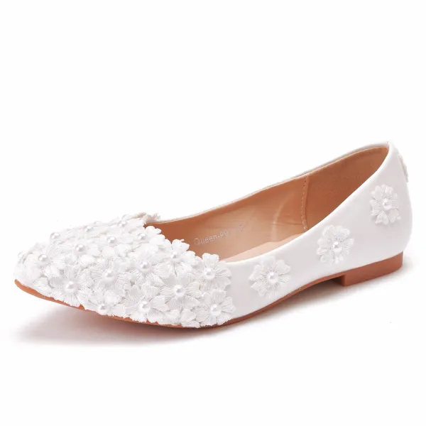 Elegant White Pearl Lace Flower Flat Wedding Shoes 2021 Pointed Toe Wedding Shoes
