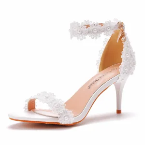 Charmig Vita Pärla Spets Blomma Brudskor 2021 7 Cm Stilettklackar Peep Toe Bröllop Sandaler Högklackade
