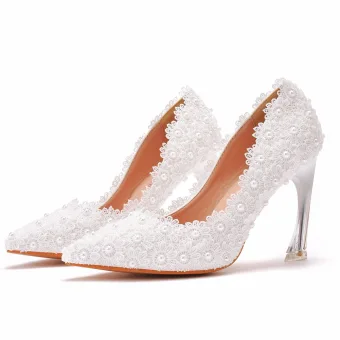 Élégant Blanche Perle En Dentelle Fleur Chaussure De Mariée 2021 9 Cm Talons Aiguilles À Bout Pointu Mariage Escarpins Talons Hauts