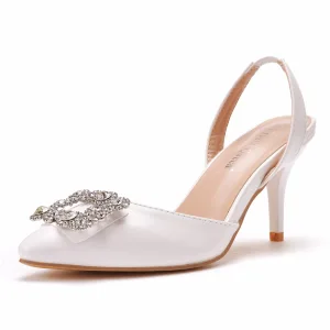 Stilig Vita Rhinestone Bal Sandaler Dam 2021 7 Cm Stilettklackar Spetsiga Sandaler Högklackade