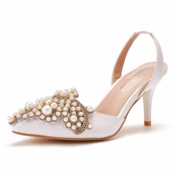 Charmant Blanche Perle Faux Diamant Sandales Femme Talons Hauts 2021 7 Cm Talons Aiguilles À Bout Pointu Mariage Sandales