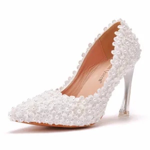 Eleganta Spets Blomma Pärla Vita Brudskor 2021 9 Cm Stilettklackar Spetsiga Bröllop Pumps Högklackade
