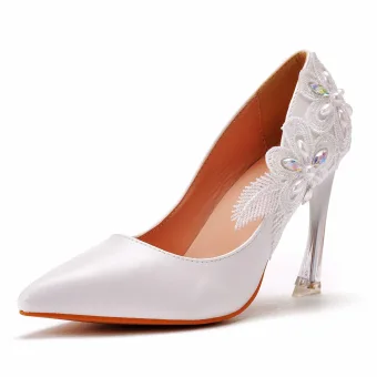Mode Blanche Chaussure De Mariée 2021 Perle Faux Diamant En Dentelle Fleur 9 Cm Talons Aiguilles À Bout Pointu Mariage Escarpins Talons Hauts