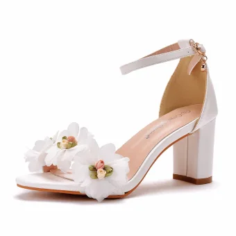 Chic Belle Blanche Promo Appliques Sandales Femme 2021 Bride Cheville 7 Cm Talons Épais Peep Toes Bout Ouvert Sandales Talons Hauts