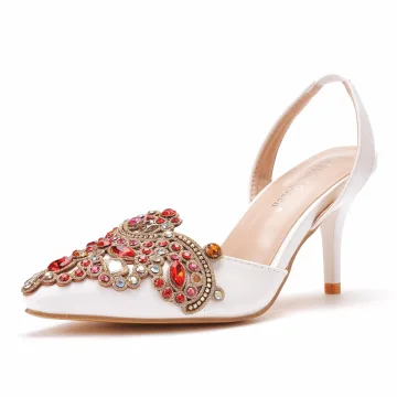 Charmant Blanche Faux Diamant Chaussure De Mariée 2021 7 Cm Talons Aiguilles À Bout Pointu Mariage Sandales Talons Hauts