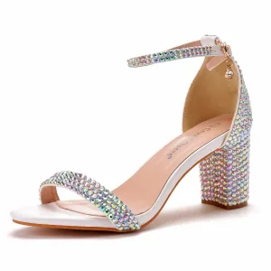 Charmant Multi Couleurs Cocktail Soirée Sandales Femme 2021 Faux Diamant Bride Cheville 7 Cm Talons Épais Peep Toes Bout Ouvert Sandales Talons Hauts