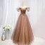 Schöne Champagner Ballkleider 2021 A Linie Off Shoulder Perlenstickerei Pailletten Strass Ärmellos Rückenfreies Lange Festliche Kleider