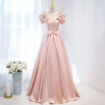 Élégant Rose Bonbon Satin Robe De Bal 2021 Princesse Encolure Carrée Gonflée Manches Courtes Noeud Dos Nu Longue Robe De Ceremonie