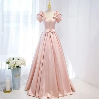 Élégant Rose Bonbon Satin Robe De Bal 2021 Princesse Encolure Carrée Gonflée Manches Courtes Noeud Dos Nu Longue Robe De Ceremonie