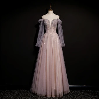 Chic Belle Rose Sombre Robe De Bal 2021 Princesse De L Épaule Perlage Faux Diamant Paillettes Manches Longues Dos Nu Longue Robe De Ceremonie