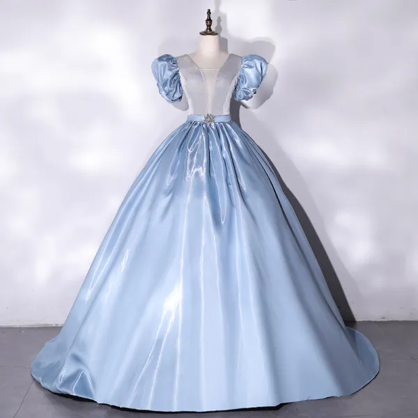 Cinderella Fashion Sky Blue Prom Dresses 2021 Ball Gown Satin V-Neck ...