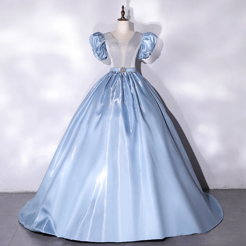 Cinderella Fashion Sky Blue Prom Dresses 2021 Ball Gown Satin V-Neck Ruffle Short Sleeve