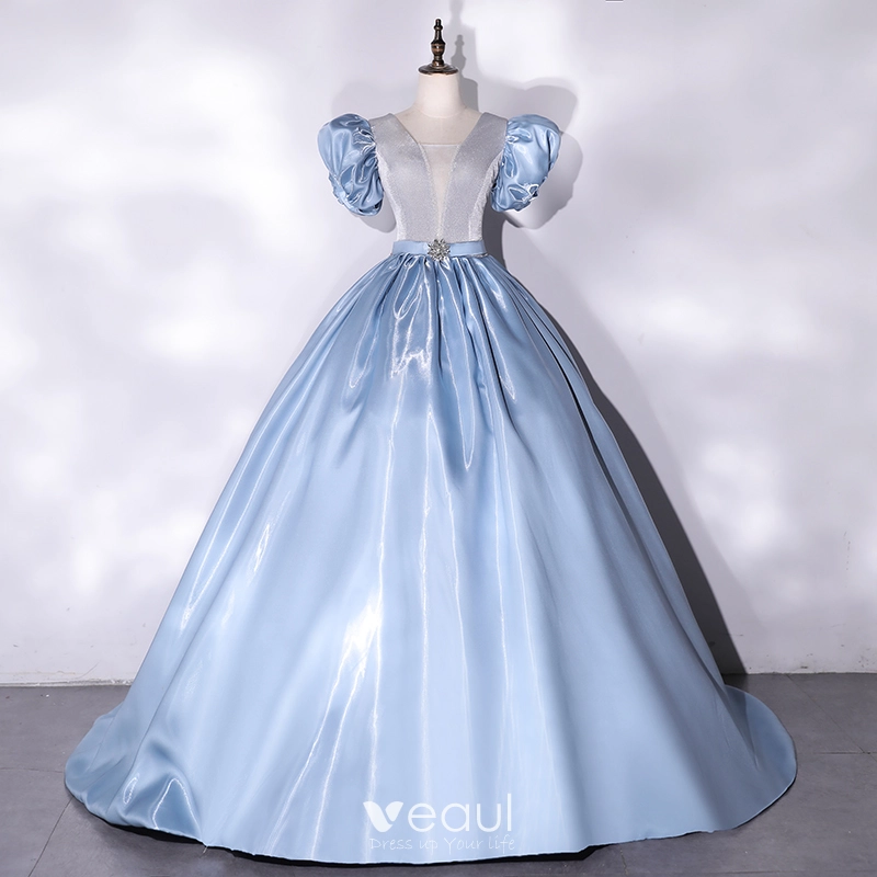 cinderella blue dresses Strapless Puff Sleeve Ball Gown by Cinderella Couture 8115J L / Blue main image 1