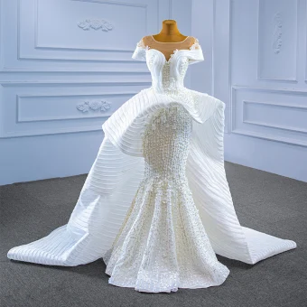 Haut De Gamme Charmant Blanche Robe De Mariée 2021 Trompette Sirène U Cou Perlage Perle Appliques Manches Courtes Dos Nu Tribunal Train Mariage